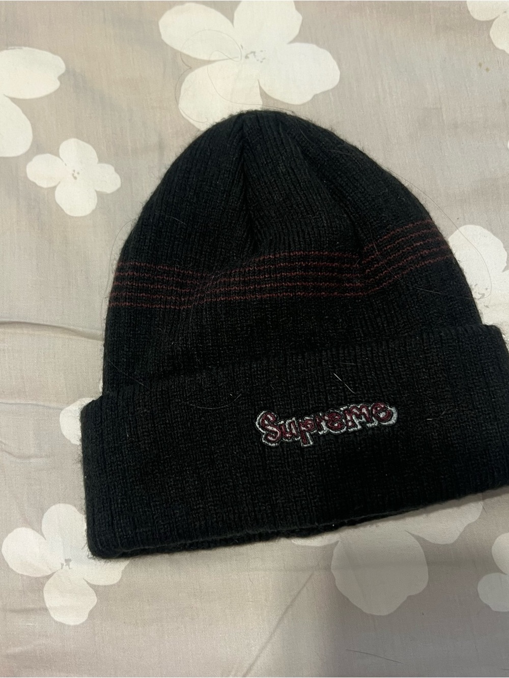 Supreme Black Acrylic Knit Beanie with Red Logo Tag
